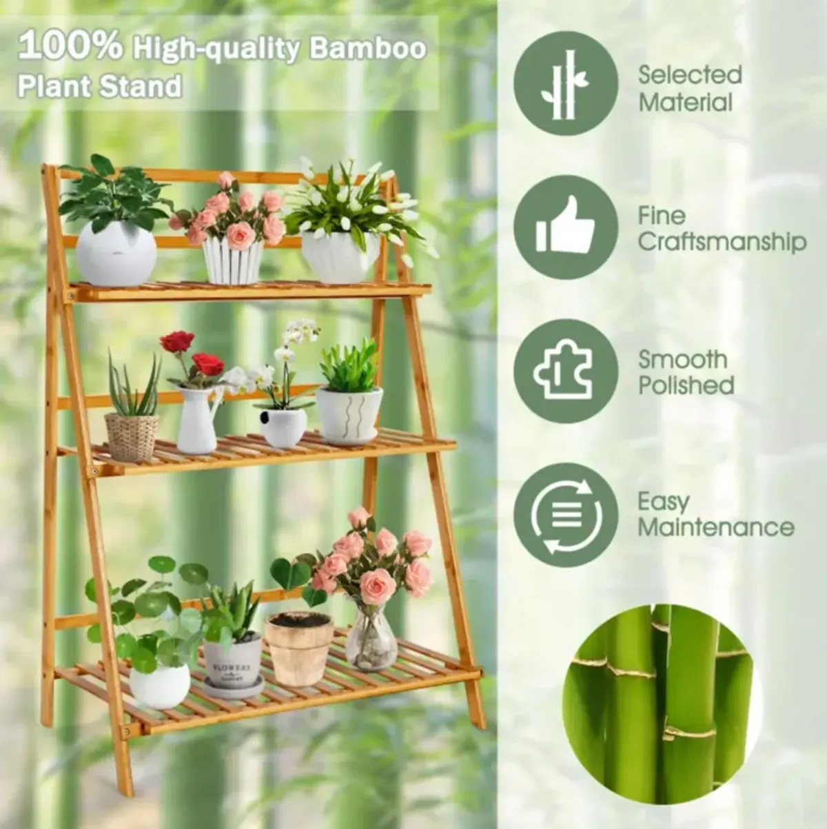 Hivvago 3-Tier Bamboo Foldable Plant Stand with Display Shelf Rack-Natural