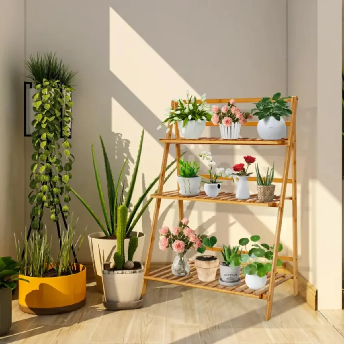 Hivvago 3-Tier Bamboo Foldable Plant Stand with Display Shelf Rack-Natural