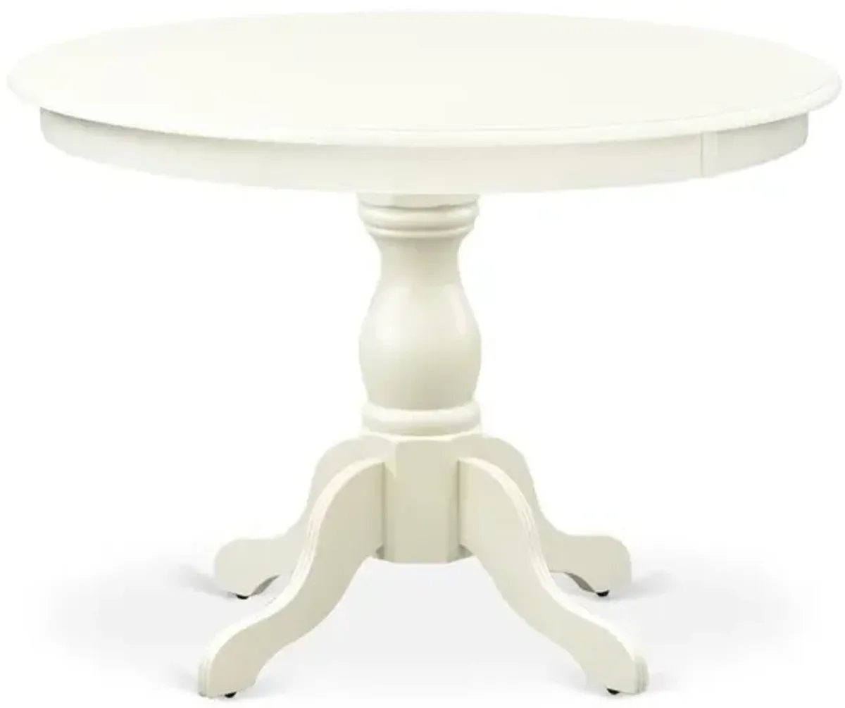 East West Furniture HBT-LWH-TP East West Furniture Modern Dining Room Table with Linen White Color Table Top Surface and Asian Wood Dinette Table Pedestal Legs - Linen White Finish