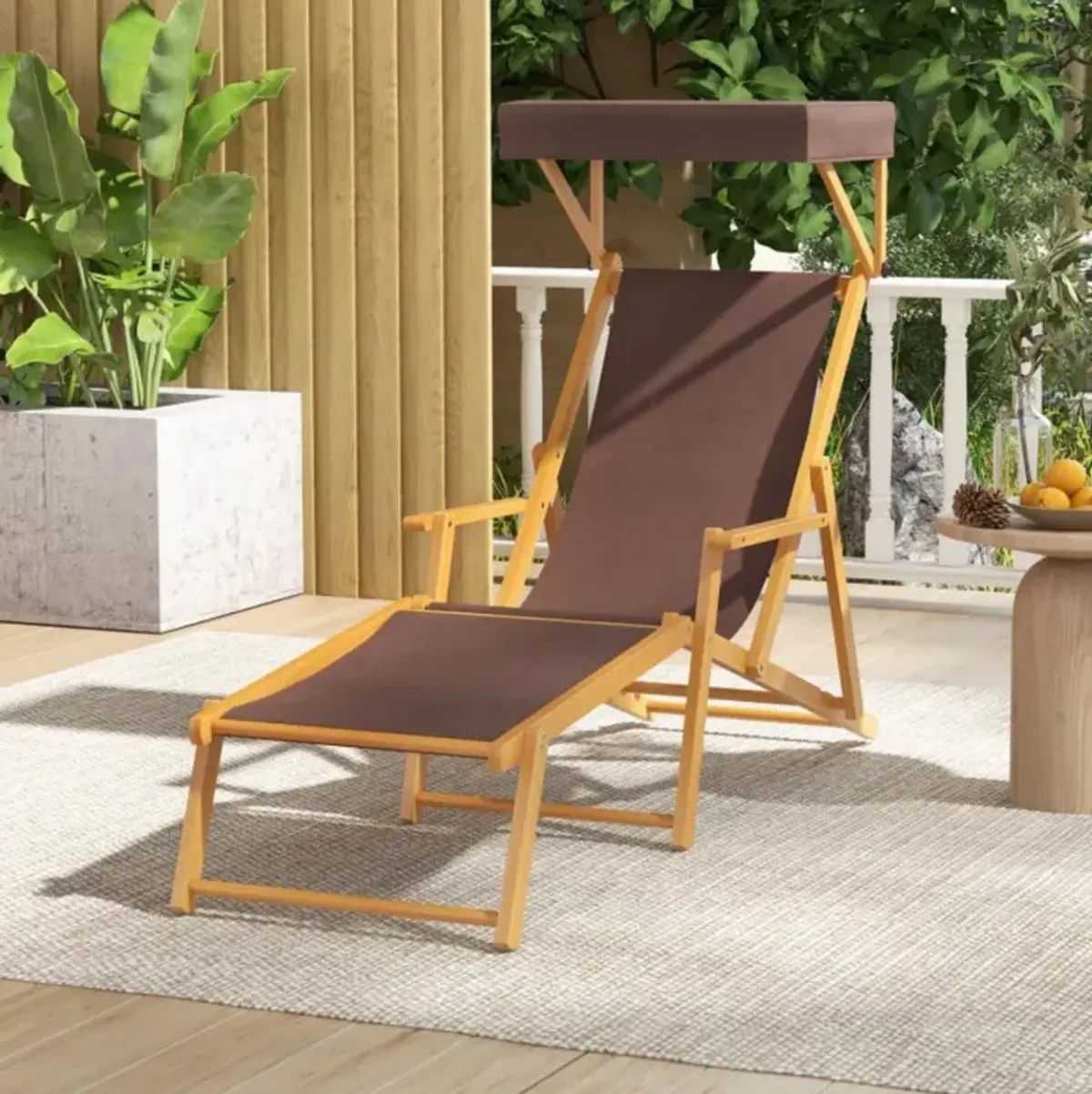 Hivvago Birch Wood Chaise Lounge Chair Foldable Beach Chair with Adjustable Canopy