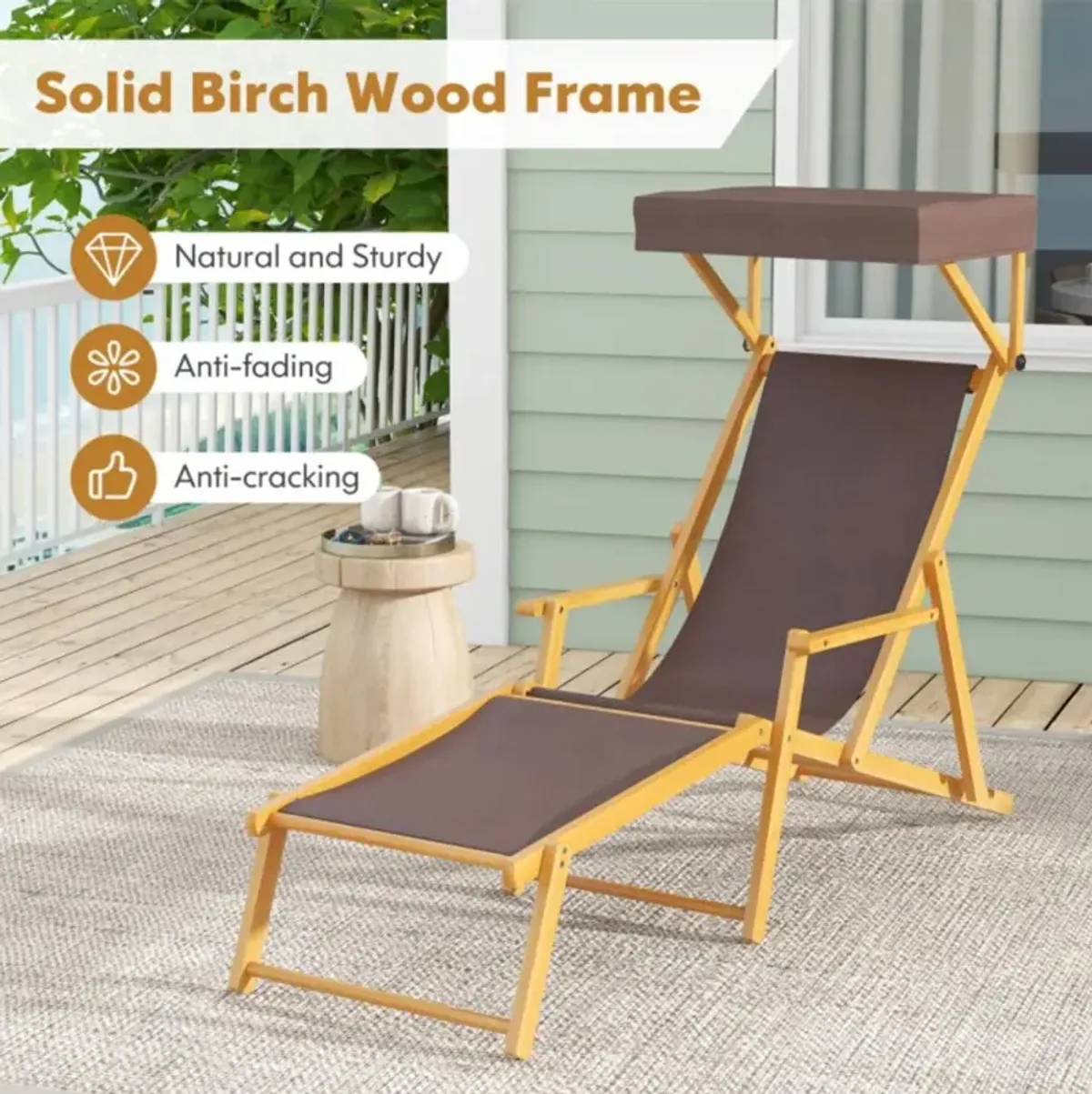 Hivvago Birch Wood Chaise Lounge Chair Foldable Beach Chair with Adjustable Canopy