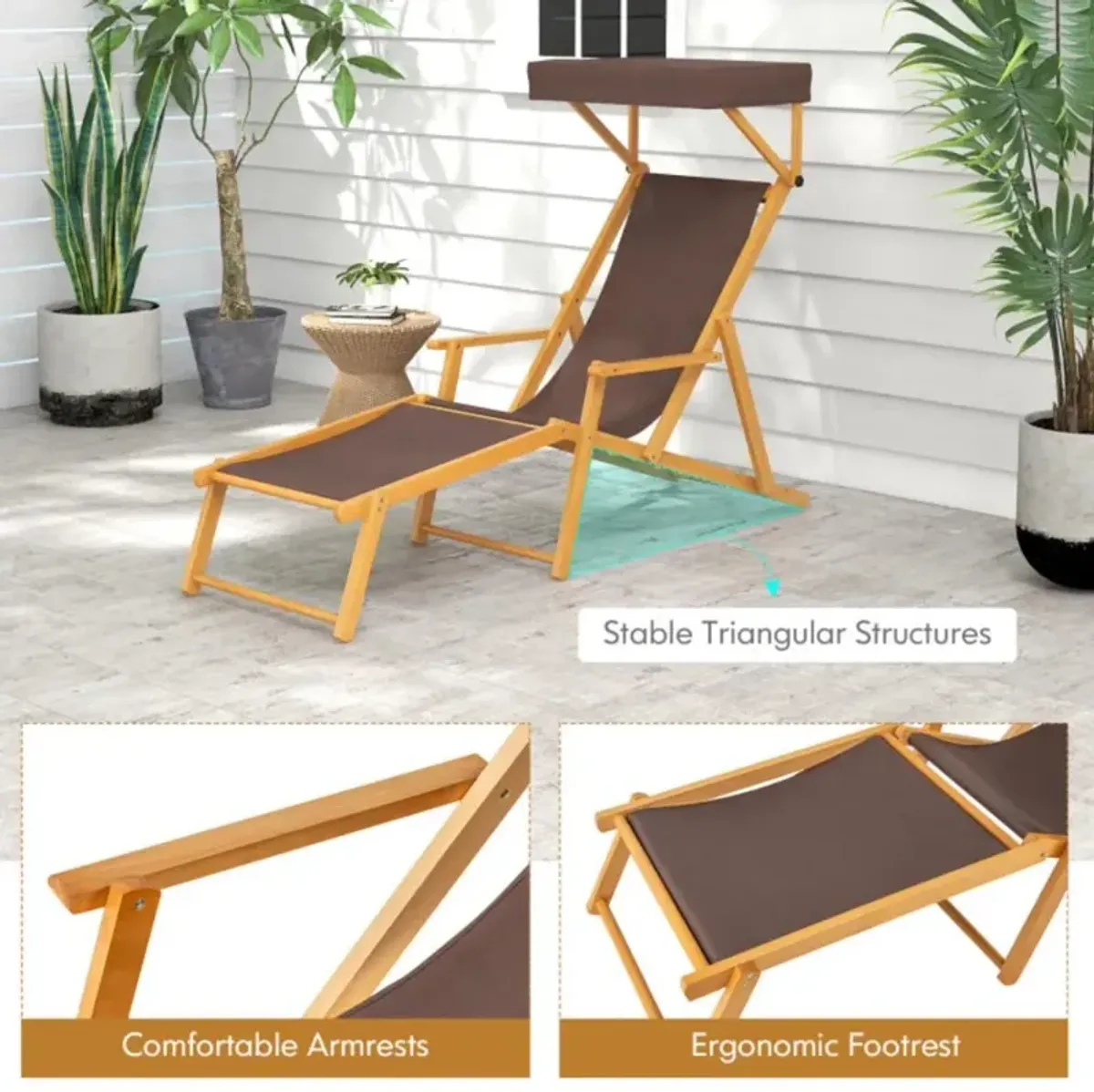 Hivvago Birch Wood Chaise Lounge Chair Foldable Beach Chair with Adjustable Canopy