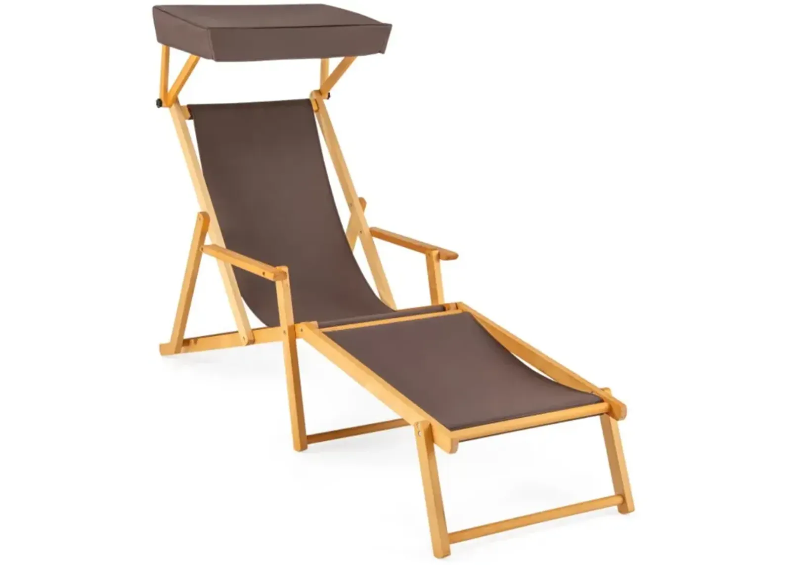 Hivvago Birch Wood Chaise Lounge Chair Foldable Beach Chair with Adjustable Canopy