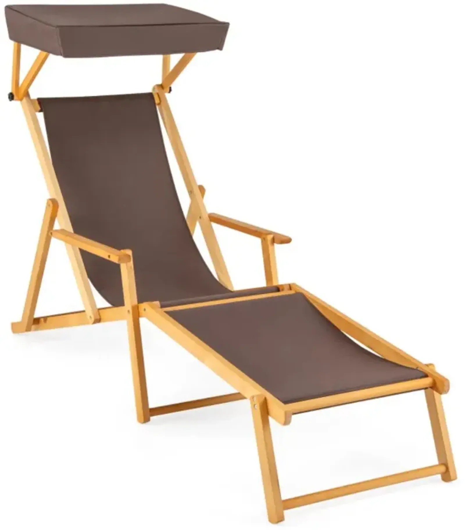 Hivvago Birch Wood Chaise Lounge Chair Foldable Beach Chair with Adjustable Canopy