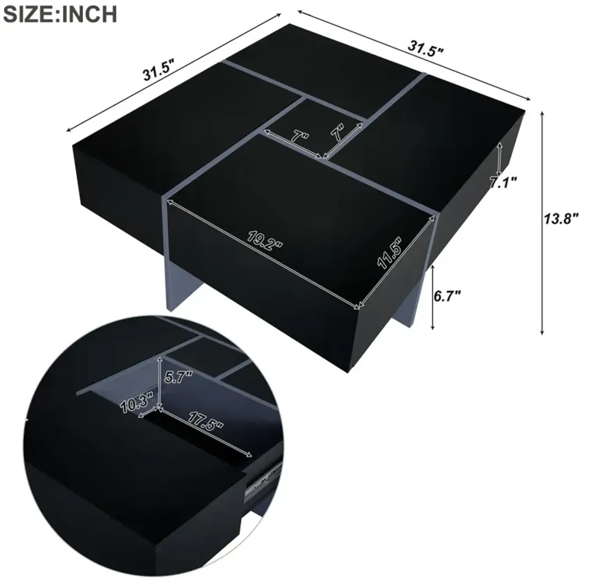 Modern Square Coffee Table with Hidden Storage and Extendable Tabletop