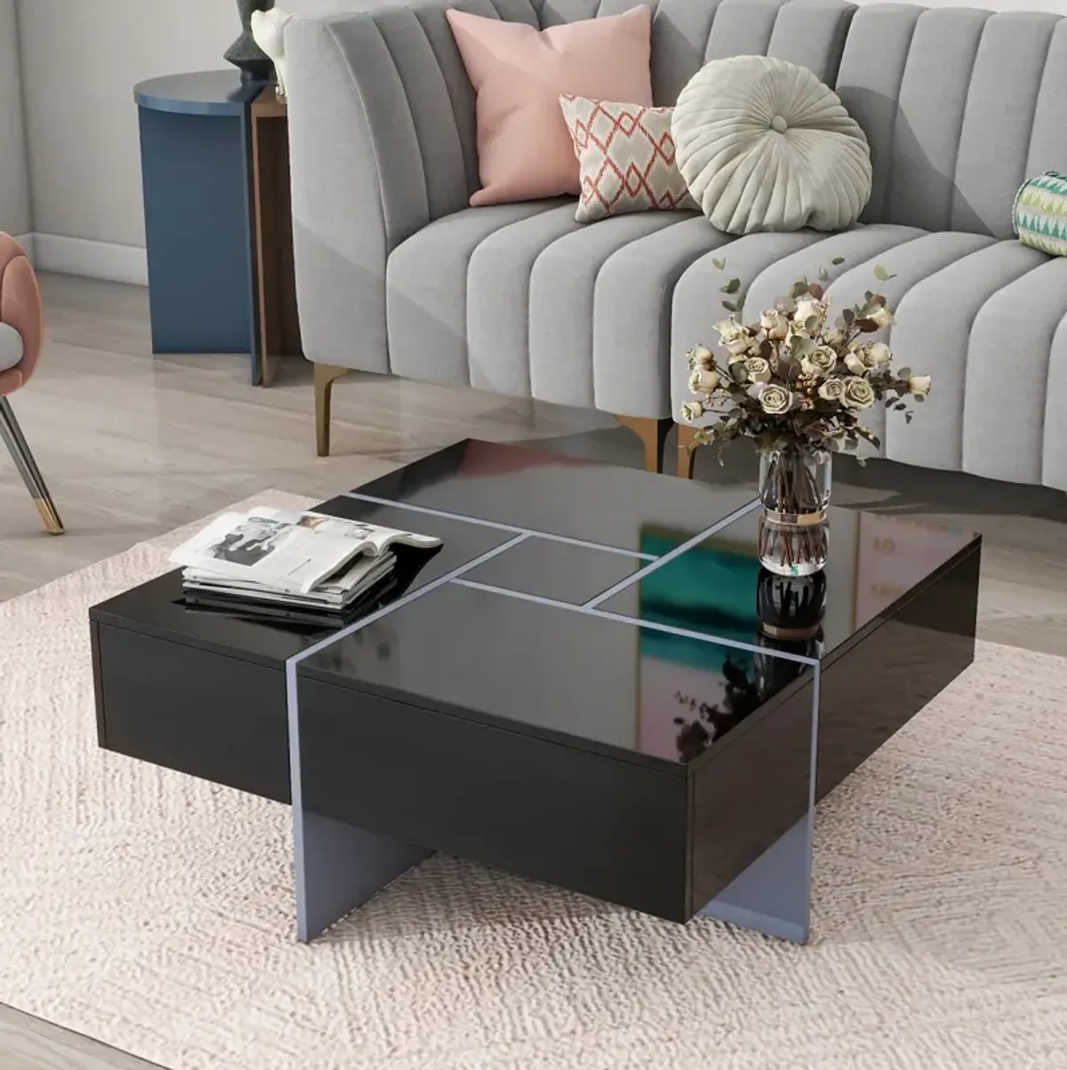 Modern Square Coffee Table with Hidden Storage and Extendable Tabletop