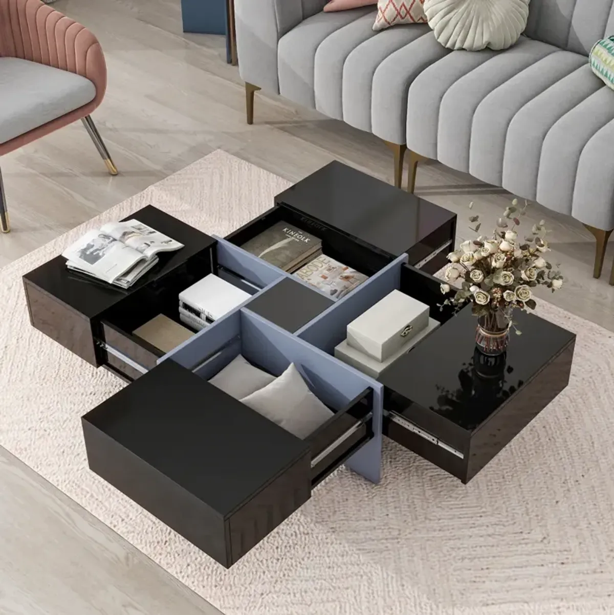 Modern Square Coffee Table with Hidden Storage and Extendable Tabletop