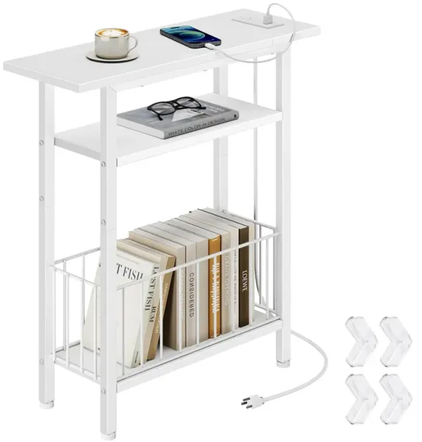 Vagusicc Narrow Side Table with Charging Station, Skinny Side End Table for Couch, 3-Tier Small End Tables for Small Spaces, 25.