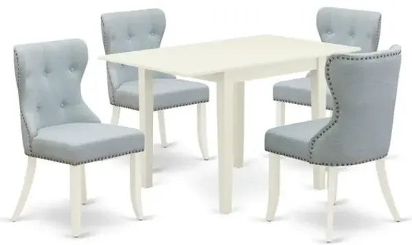 East West Furniture East-West Furniture NDSI5-LWH-15 - A wooden dining table set of 4 amazing dining chairs with Linen Fabric Baby Blue color and a lovely dining table with Linen White color