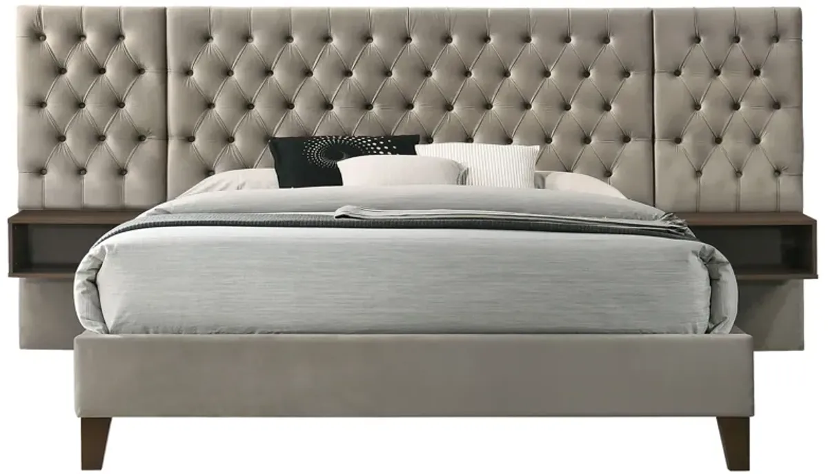 Reen Queen Size Bed, Upholstered Wall Headboard with 2 Nightstands, Brown - Benzara