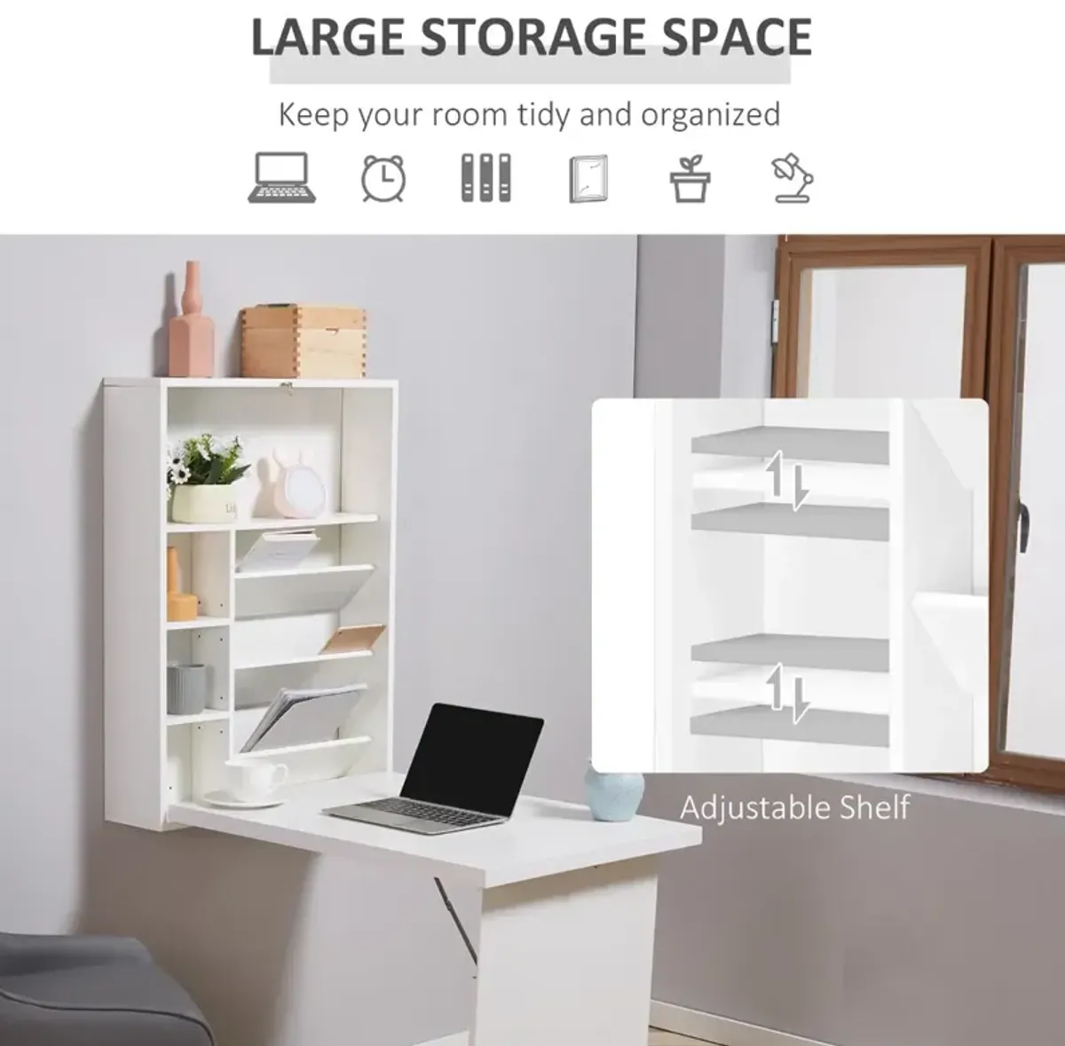 Space-Saving Workstation: White Wall-Mounted Convertible Desk with Storage