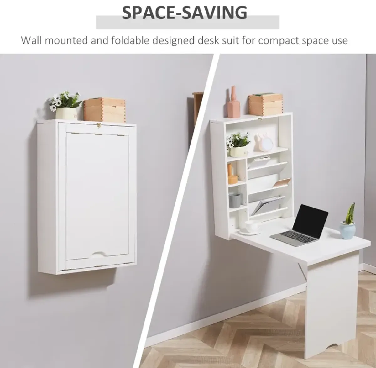 Space-Saving Workstation: White Wall-Mounted Convertible Desk with Storage