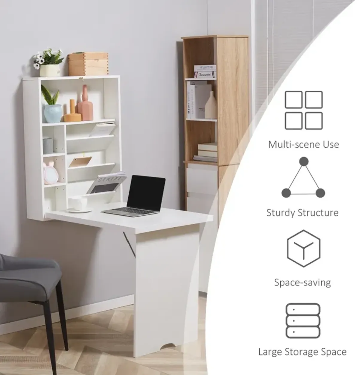 Space-Saving Workstation: White Wall-Mounted Convertible Desk with Storage