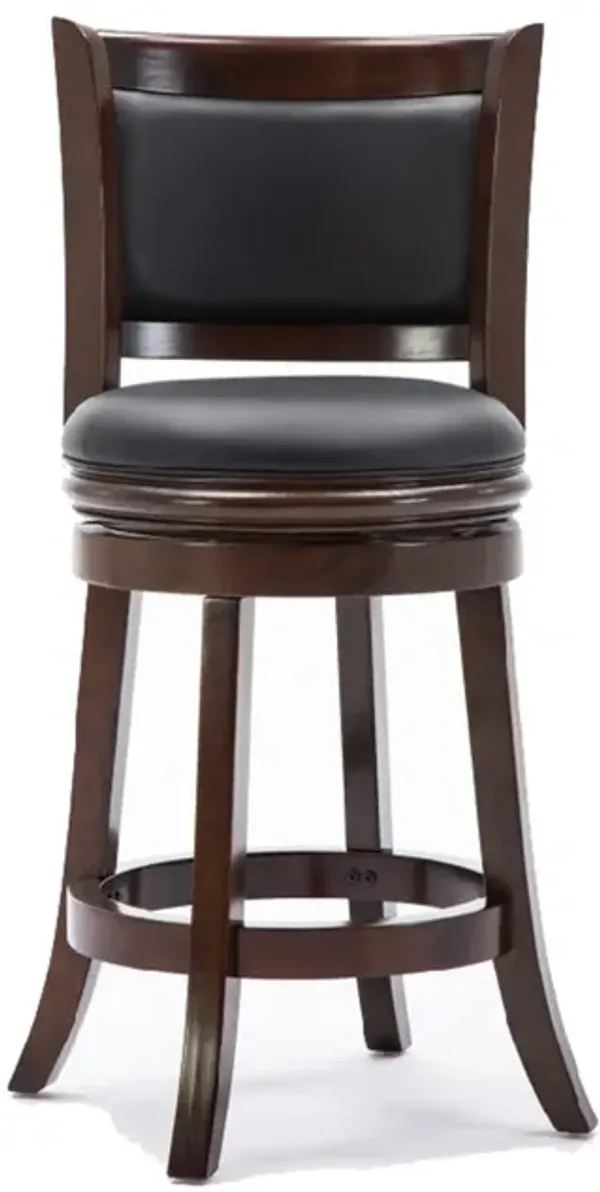 Round Wooden Swivel Counter Stool with Padded Seat and Back, Dark Brown - Benzara