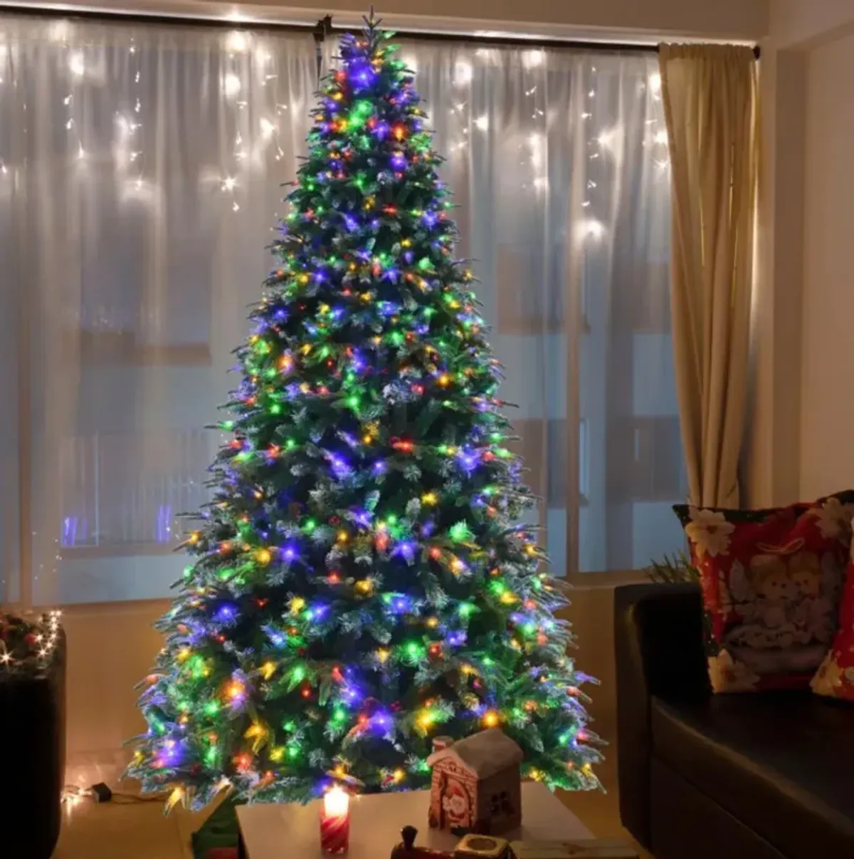 Hivvago Pre-Lit Snowy Christmas Hinged Tree with Flash Modes and Multi-Color Lights
