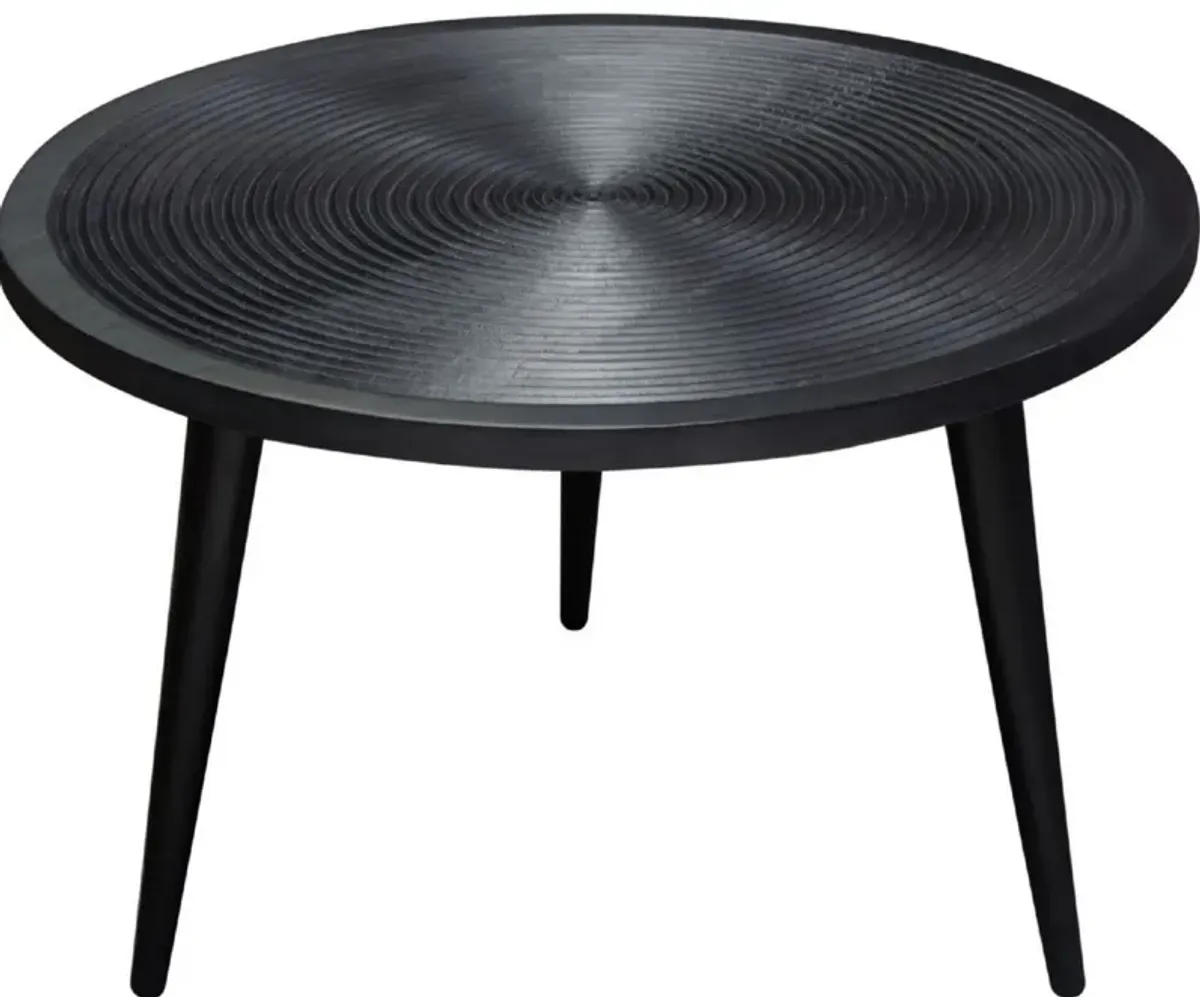 Vio 29 Inch Round Coffee Table, Embossed Surface Patterning, Black Wood - Benzara