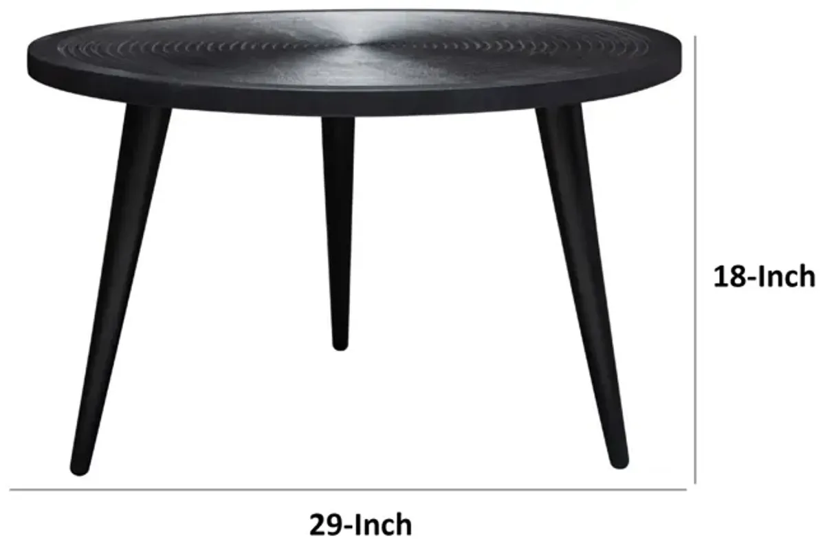 Vio 29 Inch Round Coffee Table, Embossed Surface Patterning, Black Wood - Benzara