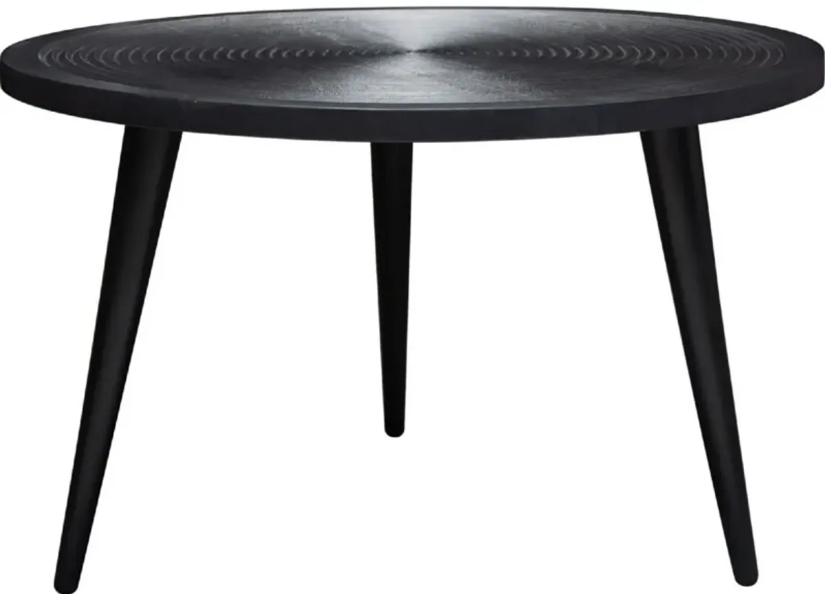 Vio 29 Inch Round Coffee Table, Embossed Surface Patterning, Black Wood - Benzara