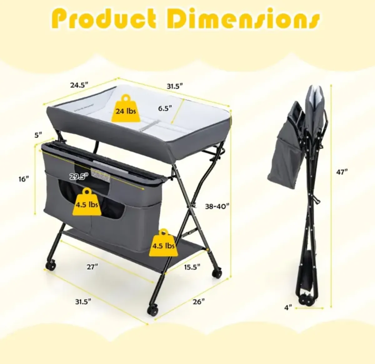 Hivvago Portable Adjustable Height Newborn Nursery Organizer with Wheel