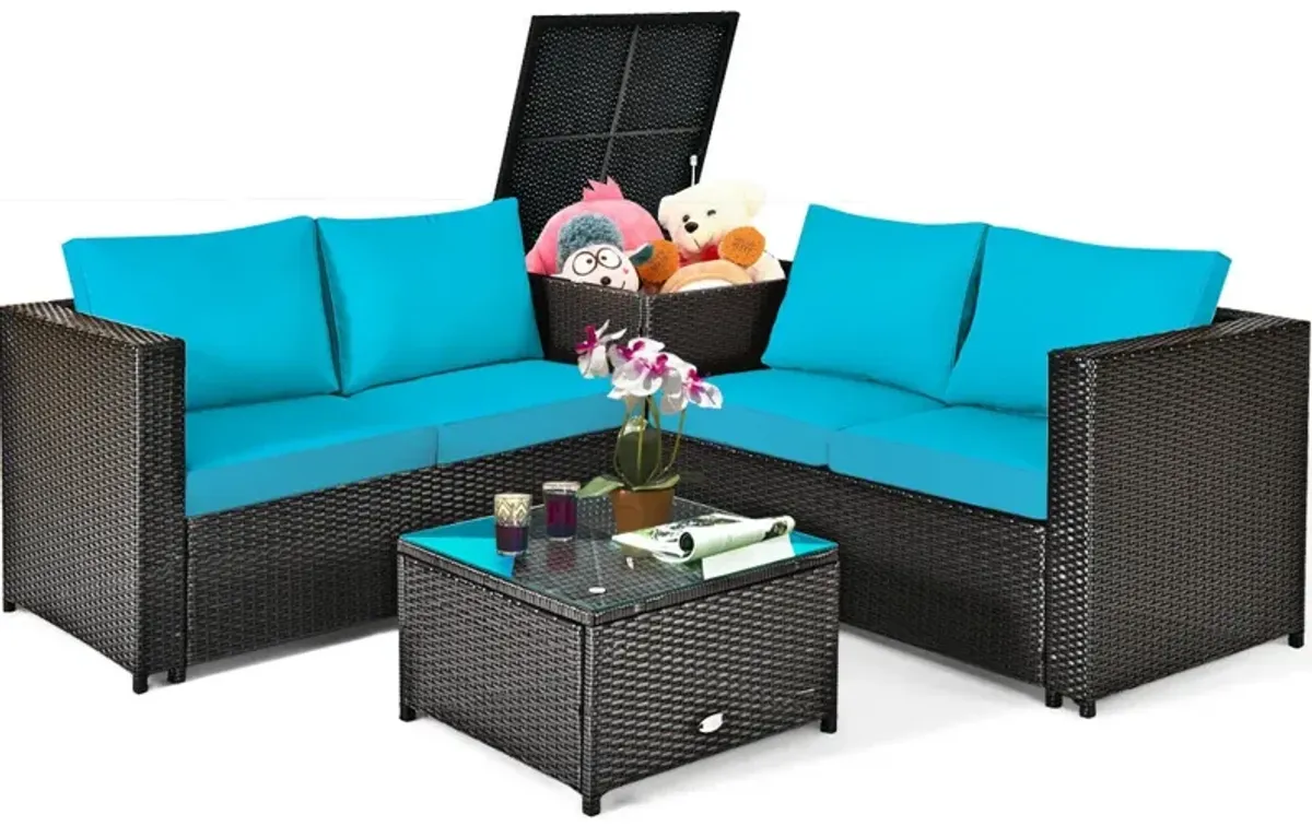 4 Pieces Outdoor Patio Rattan Furniture Set with Cushioned Loveseat and Storage Box