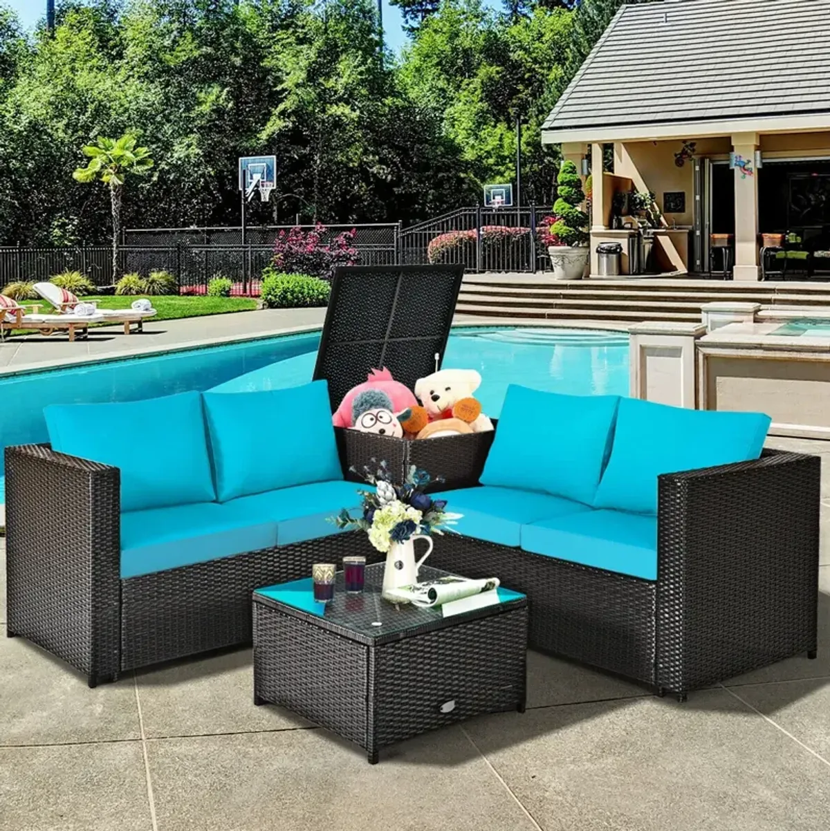 4 Pieces Outdoor Patio Rattan Furniture Set with Cushioned Loveseat and Storage Box