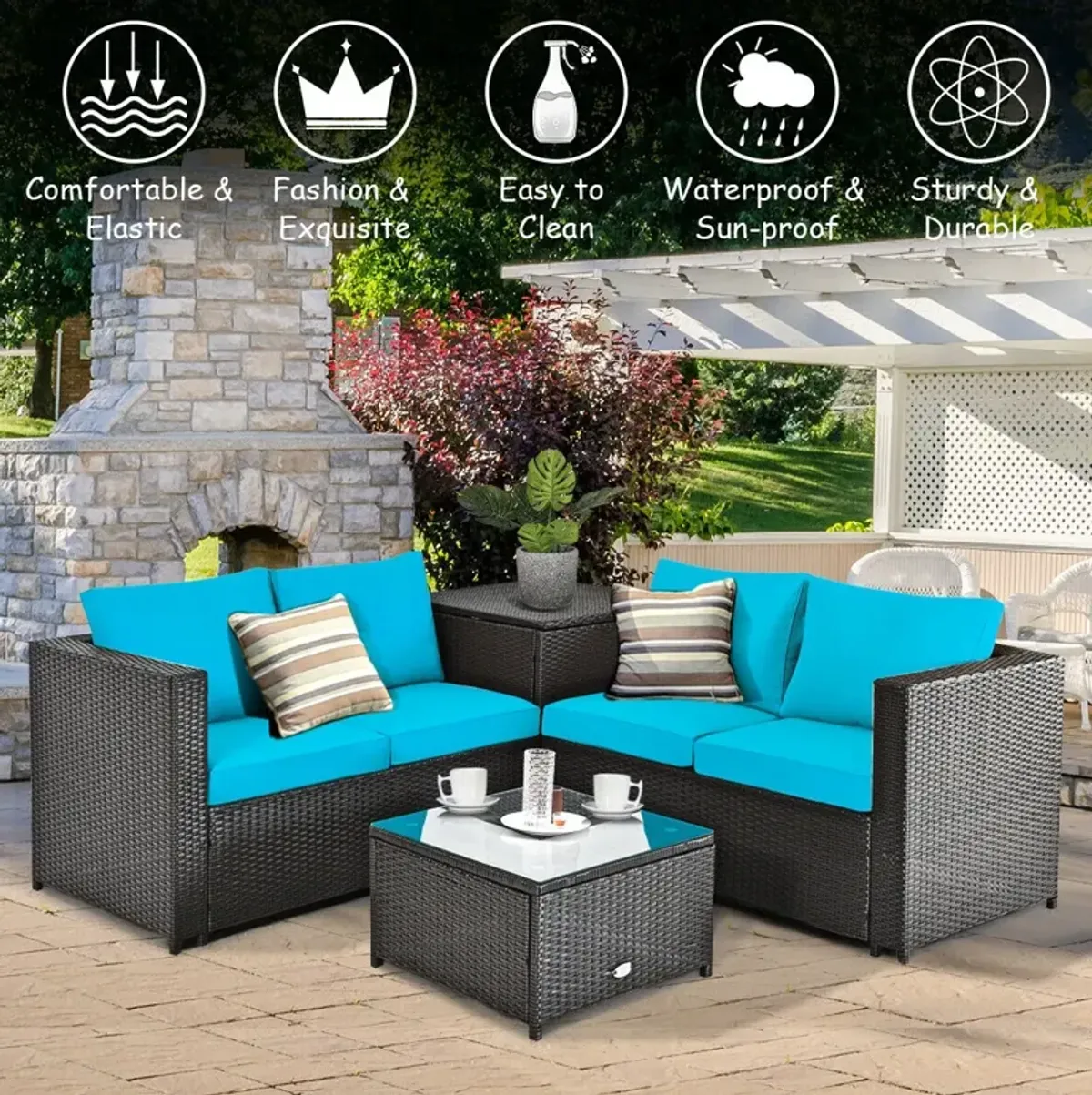 4 Pieces Outdoor Patio Rattan Furniture Set with Cushioned Loveseat and Storage Box