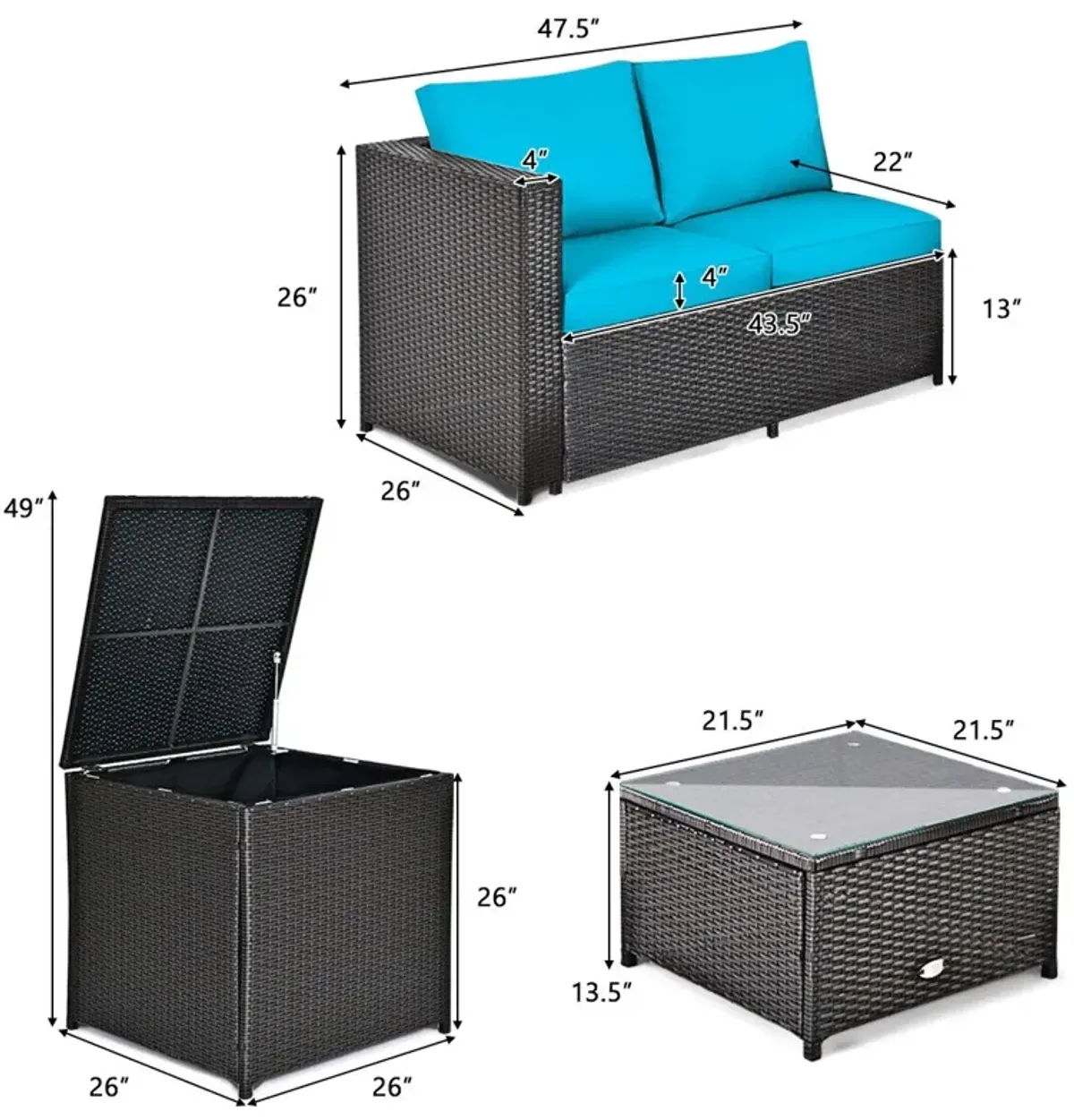 4 Pieces Outdoor Patio Rattan Furniture Set with Cushioned Loveseat and Storage Box