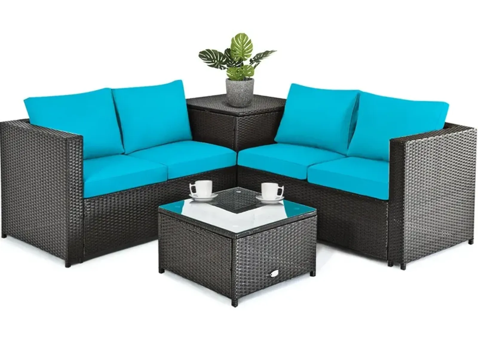 4 Pieces Outdoor Patio Rattan Furniture Set with Cushioned Loveseat and Storage Box