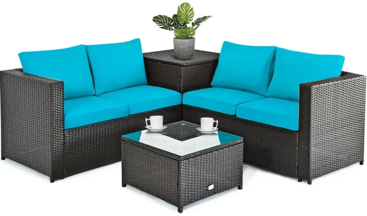 4 Pieces Outdoor Patio Rattan Furniture Set with Cushioned Loveseat and Storage Box