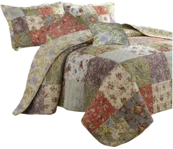 100% Cotton 5-Piece Floral Quilt Set with Matching Shams and Decorative Pillows, Soft Bedding for All Seasons