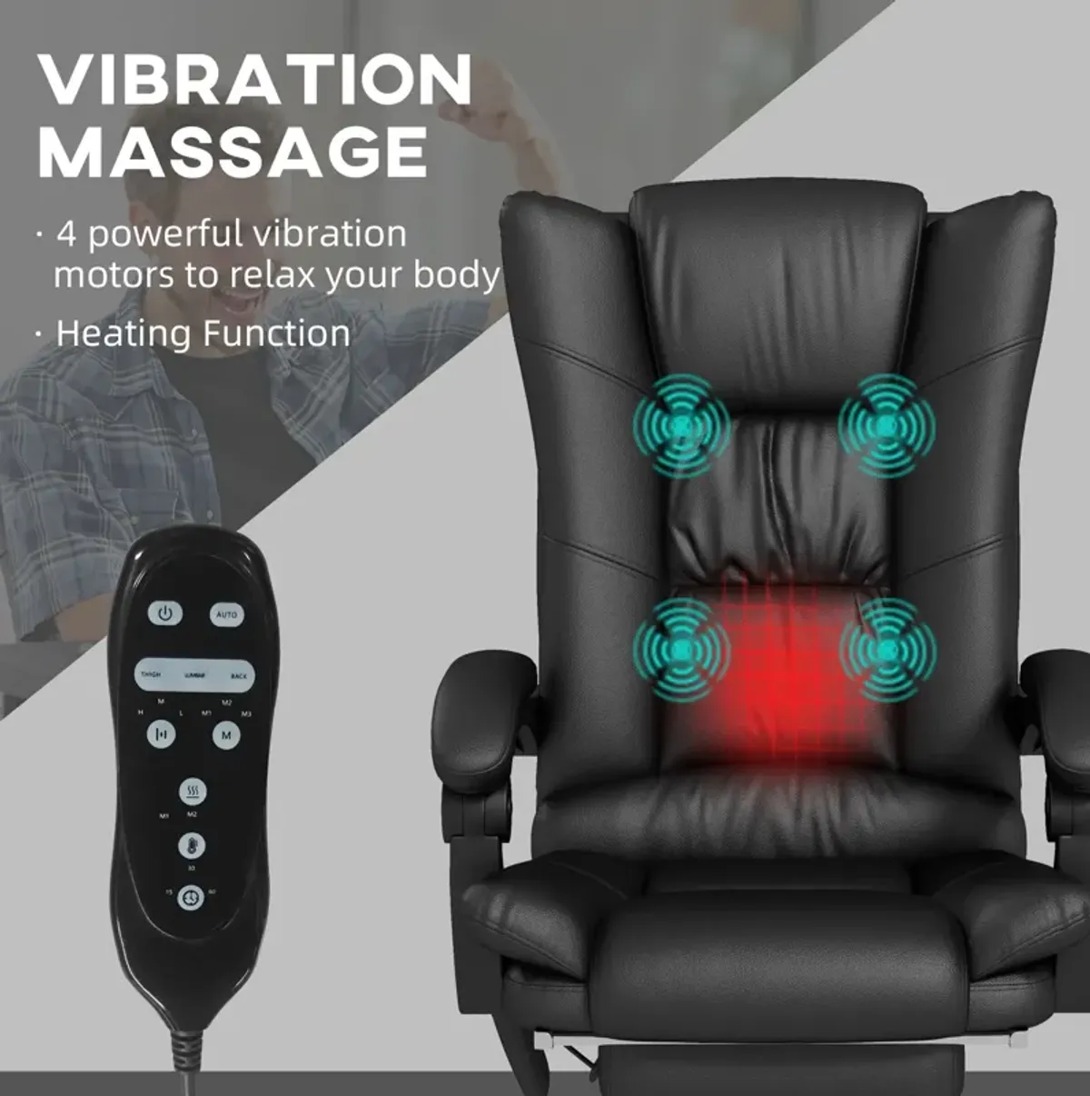 Black PU Leather Massage Chair: 4 Vibration Points, Reclining, Footrest