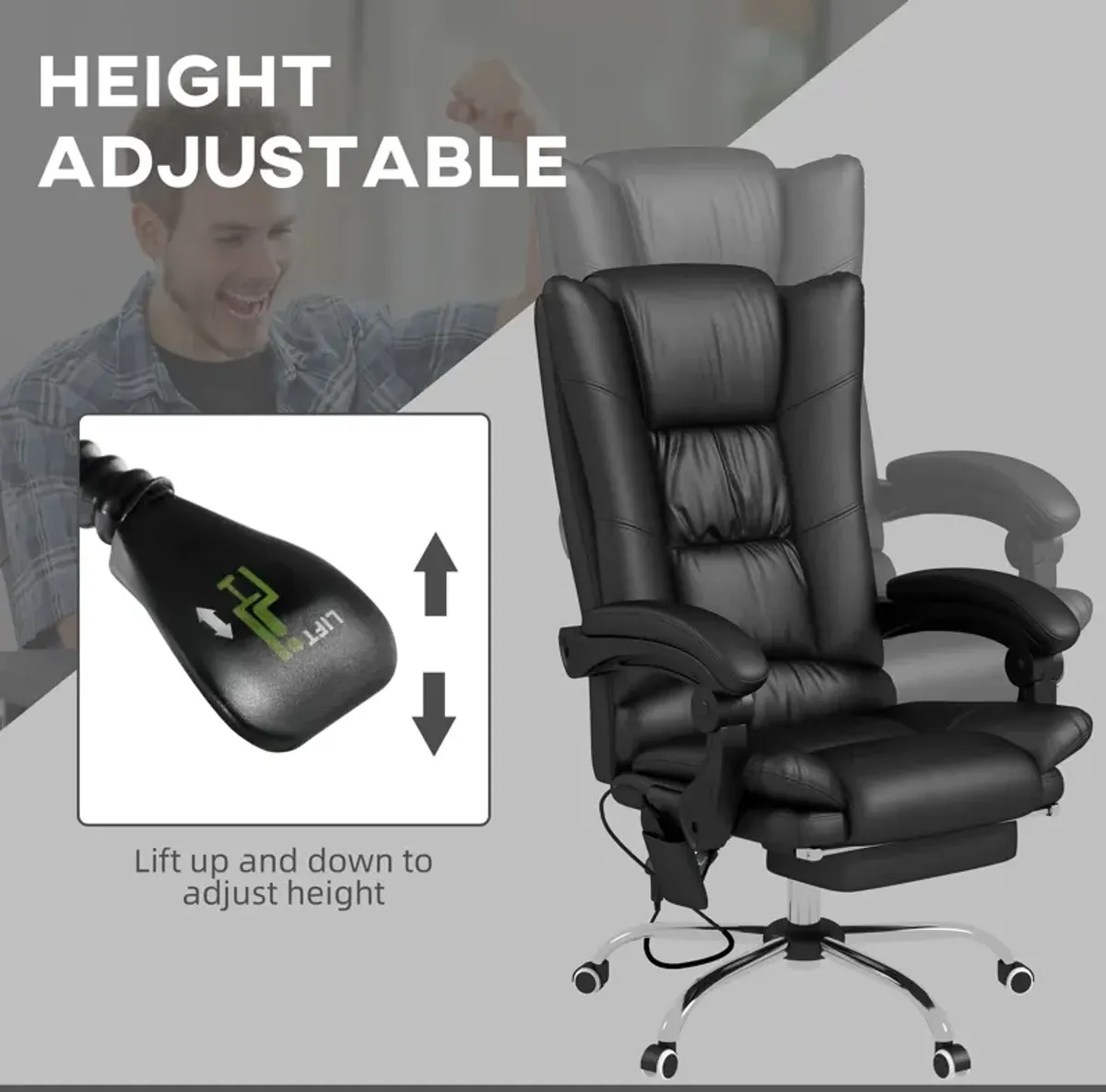 Black PU Leather Massage Chair: 4 Vibration Points, Reclining, Footrest