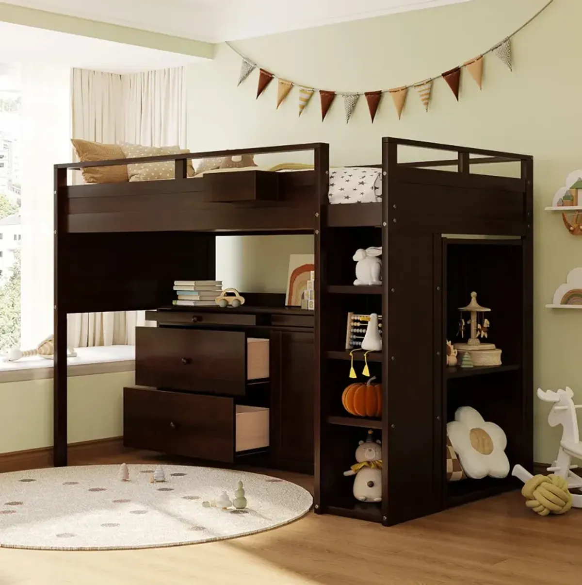 Loft Bed With Rolling Cabinet And Desk