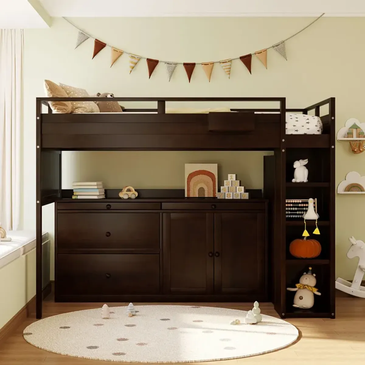 Loft Bed With Rolling Cabinet And Desk