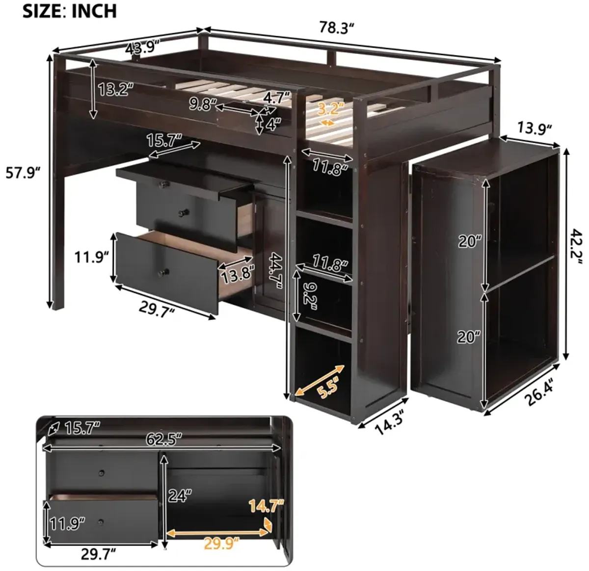 Loft Bed With Rolling Cabinet And Desk