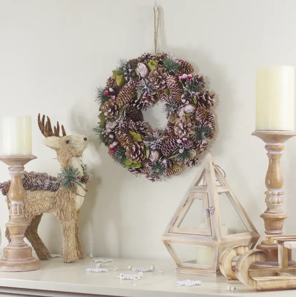 Green and Brown Frosted Pinecones and Bells Christmas Wreath - 13" Unlit