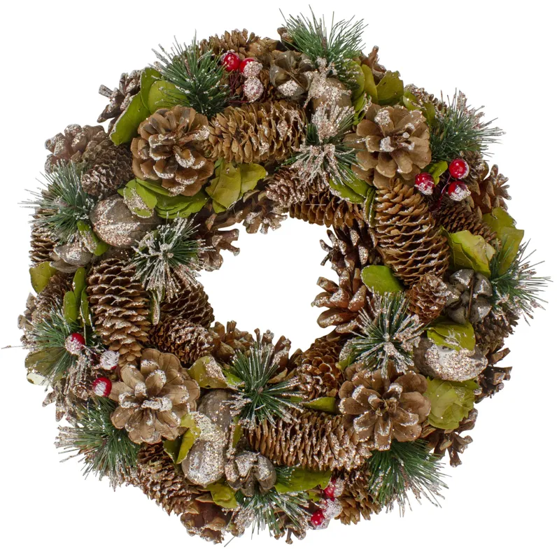 Green and Brown Frosted Pinecones and Bells Christmas Wreath - 13" Unlit