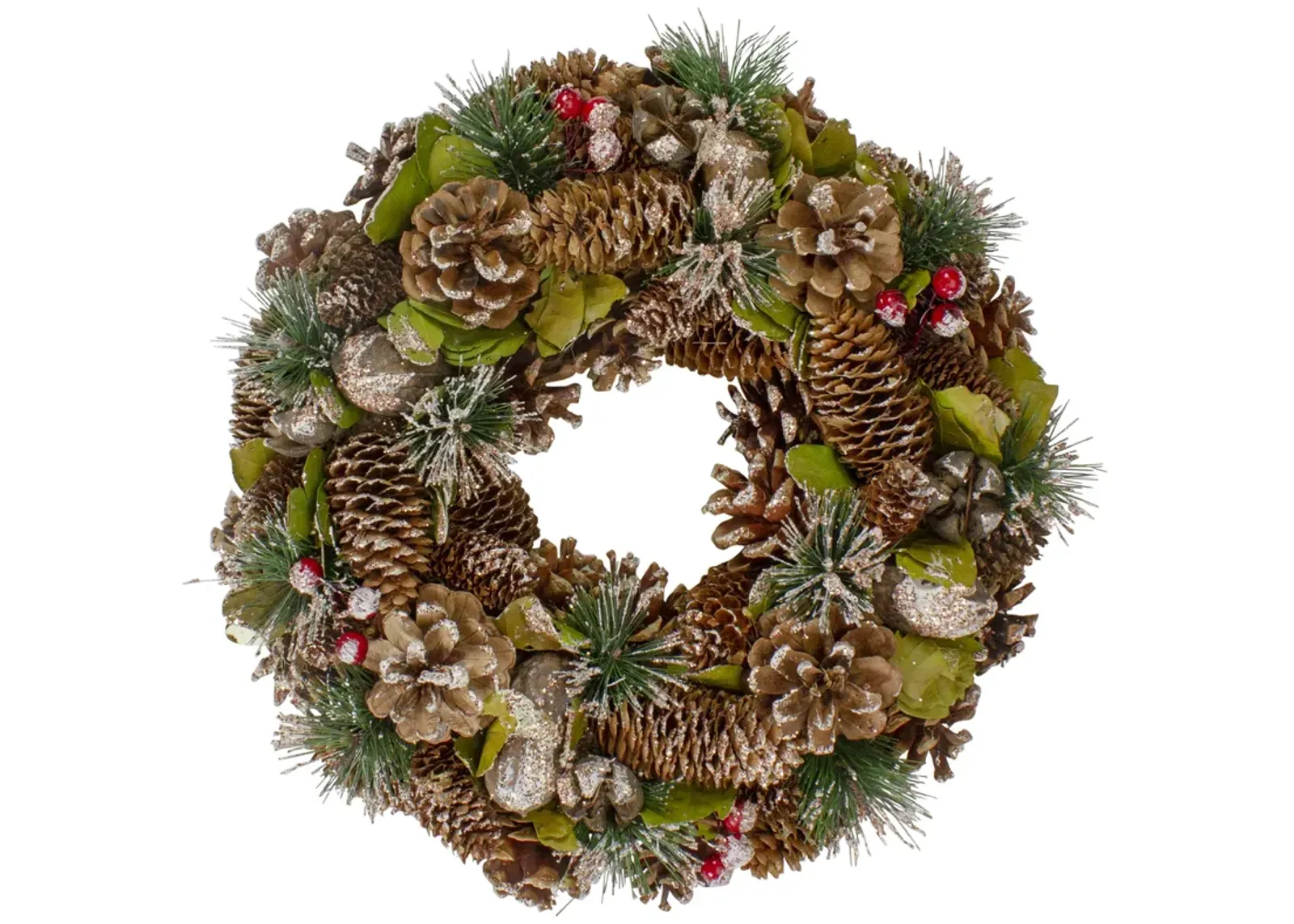 Green and Brown Frosted Pinecones and Bells Christmas Wreath - 13" Unlit