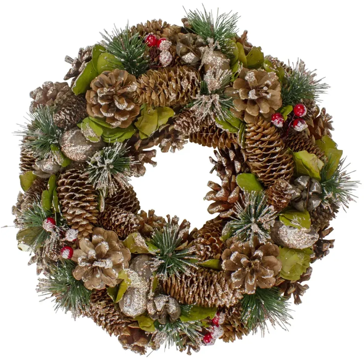 Green and Brown Frosted Pinecones and Bells Christmas Wreath - 13" Unlit