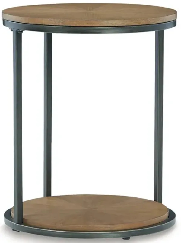 22 Inch Modern Side End Table, Round Wood Top, Black Metal Frame, Brown-Benzara
