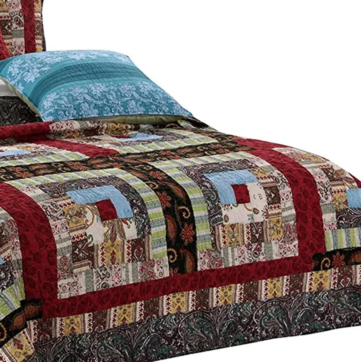 Thames 3 Piece King Size Cotton Quilt Set with Log Cabin Pattern, Multicolor - Benzara