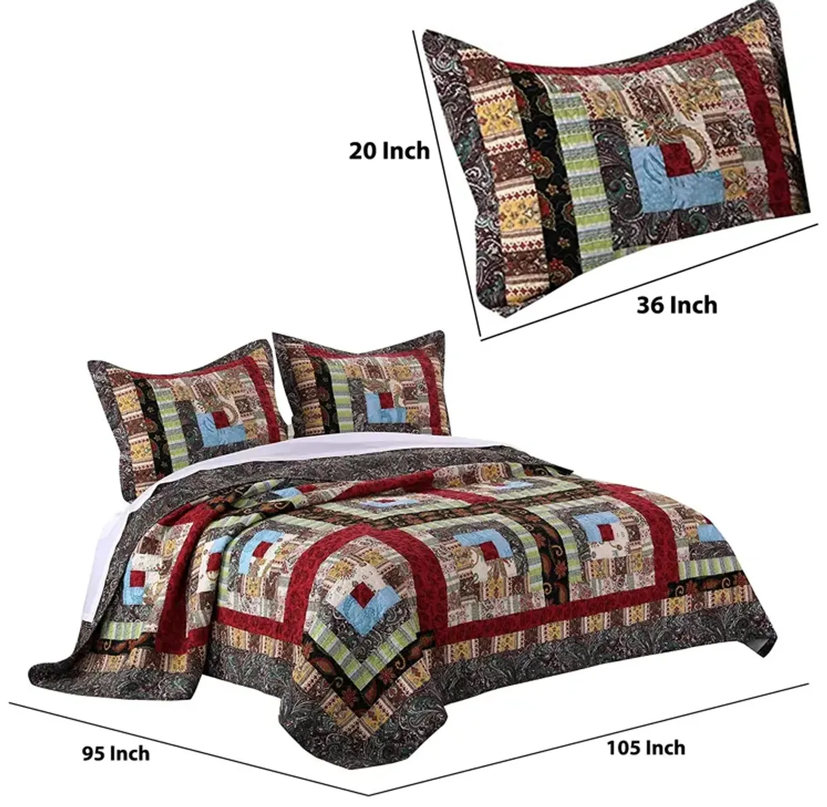 Thames 3 Piece King Size Cotton Quilt Set with Log Cabin Pattern, Multicolor - Benzara