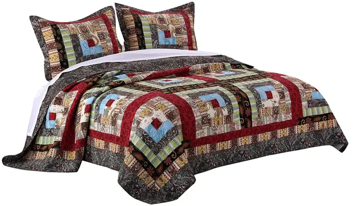 Thames 3 Piece King Size Cotton Quilt Set with Log Cabin Pattern, Multicolor - Benzara