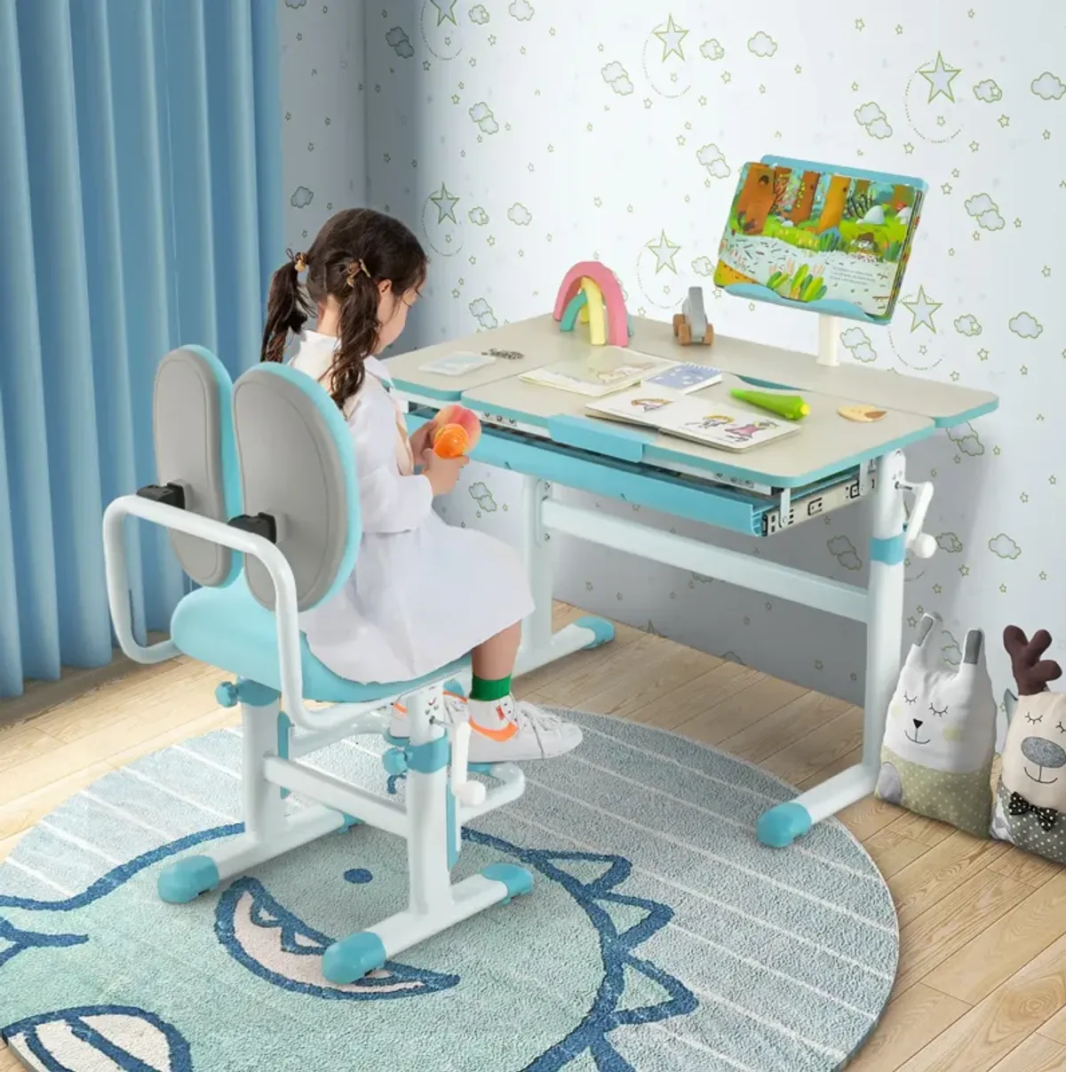 Height-Adjustable Kids Desk with Tilt Desktop and Book Stand