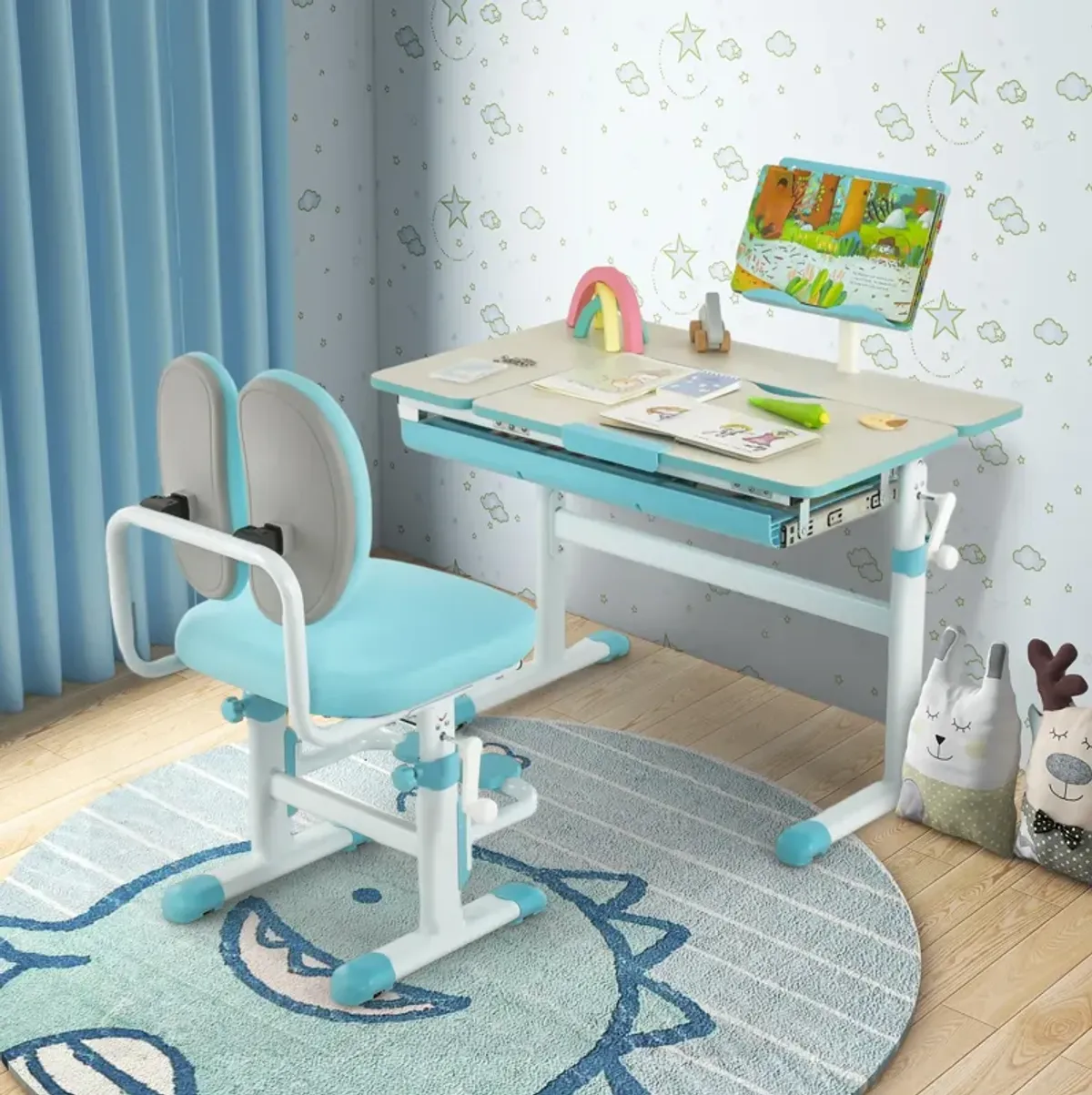 Height-Adjustable Kids Desk with Tilt Desktop and Book Stand