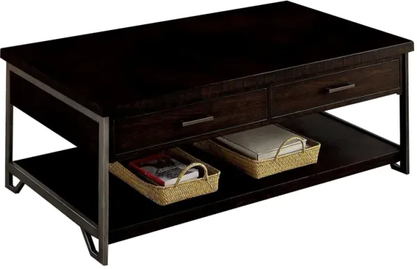 2 Drawer Wooden Coffee Table with Open Shelf, Dark Brown-Benzara