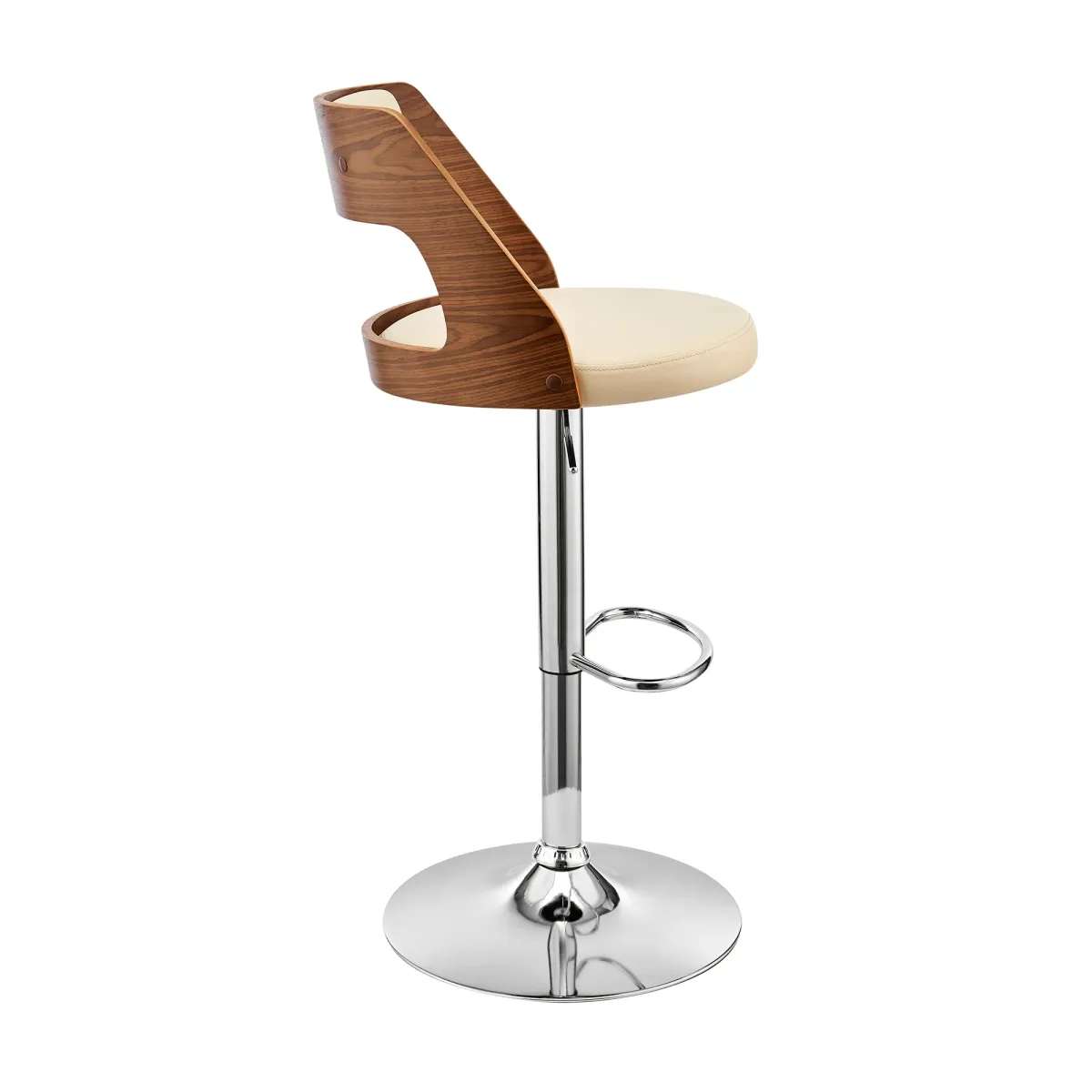 Itzan Adjustable Swivel Grey Faux Leather and Walnut Wood Stool with Chrome Base