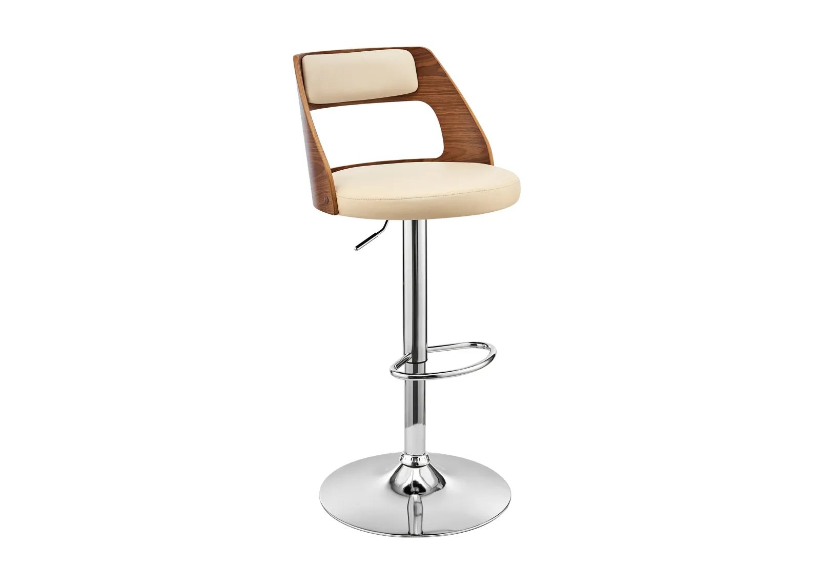 Itzan Adjustable Swivel Grey Faux Leather and Walnut Wood Stool with Chrome Base