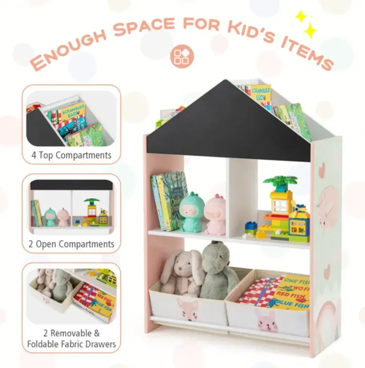 Hivvago Playhouse Kids Bookshelf with Chalkboard and Whiteboard for 3-6 Years