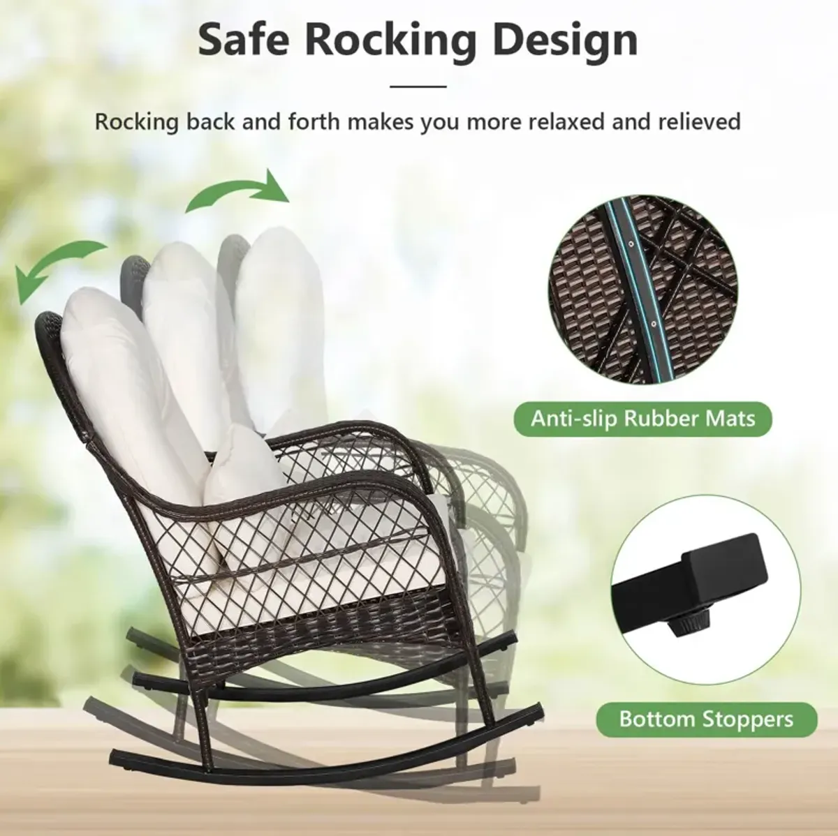 Patio Rattan Rocking Chair with Seat Back Cushions and Waist Pillow